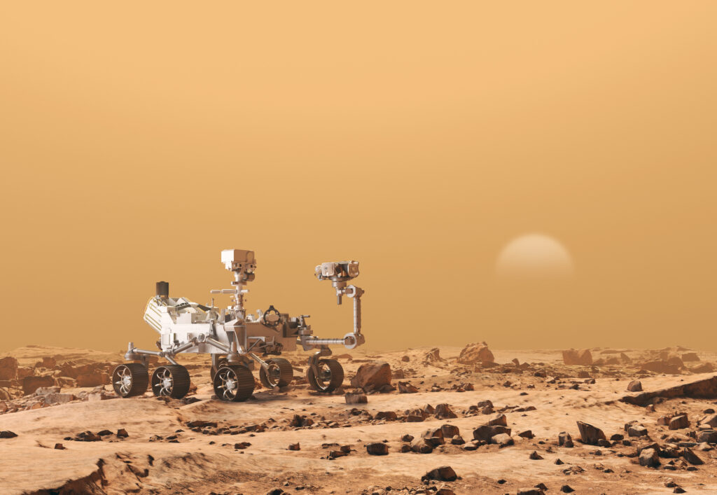 Mars Rover Perseverance exploring the red planet. Exploration mission in 2021. Rocky soil and dense, sandy atmosphere. Some elements of this image furnished by NASA. 3d rendering
