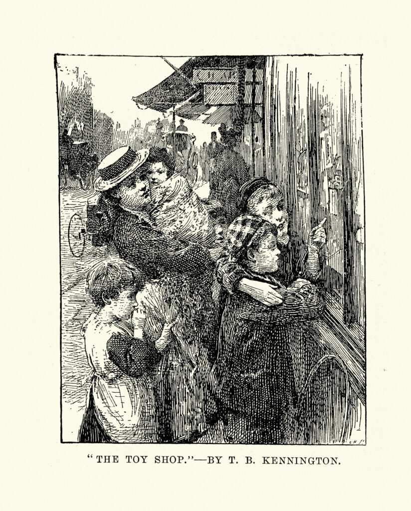 Vintage illustration of Children looking in the window of a toy shop, Victorian 1890s words to make you sigh nicknackatory
